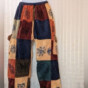 BODHI TREE Joggers Earth Tones Multi Print Patch Fabric Elastic Waistband Boho